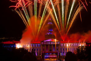 Fireworks show and the Colorado Symphony Orchestra, Independence Eve at Civic Center Park, Denver, Colorado USA